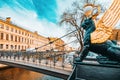 Bank Bridge is decorated with figures of griffins. Urban View of Saint Petersburg. Russia