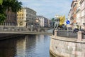 Bank bridge with golden-winged griffons over Griboyedov canal, Saint Petersburg, Russia