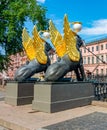Bank bridge with golden-winged griffons over Griboyedov canal, Saint Petersburg, Russia