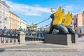 Bank bridge with golden-winged griffons over Griboyedov canal, Saint Petersburg, Russia Royalty Free Stock Photo