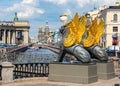 Bank bridge with golden-winged griffons over Griboyedov canal, Saint Petersburg, Russia