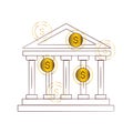 Bank building and coins. Outline Greek Temple. Golden Gradient Coin with Dollar Currency Symbol. Finance and Economics.