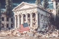 The bank building collapsed. Bank bankruptcy. Destroy the financial institution. banking crisis. The American flag is