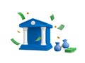 Bank building with falling paper currency, money stack, money bags and round graph in realistic cartoon style. 3d realistic