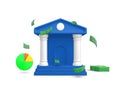 Bank building with falling paper currency, money stack and round graph in realistic cartoon style. 3d realistic banners and