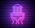 Bank building icon with hands. Elements of web in neon style icons. Simple icon for websites, web design, mobile app, info Royalty Free Stock Photo