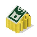 Bank building money dollar coin finance flat 3d isometric vector