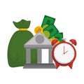 Bank building with money sack and alarm clock Royalty Free Stock Photo