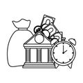 Bank building with money sack and alarm clock Royalty Free Stock Photo