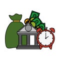 Bank building with money sack and alarm clock Royalty Free Stock Photo