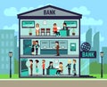 Bank building with people and bank employees in the offices. banking and finance vector concept