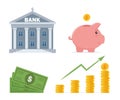 Bank building, piggy bank, dollar banknotes and coins, heap of money and arrow pointing up. Bank financing, money exchange,