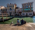 On the bank of the canal. Venice scene with a seagull. Italy Royalty Free Stock Photo