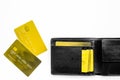 Bank card concept. Debit card, credit card. Black background top view copy space