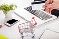 Bank card nearby a laptop and mini shopping cart Royalty Free Stock Photo