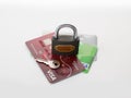 Bank cards and key lock, conceptual idea: protection and storage of money