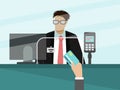 Bank cashier teller behind window vector illustration. Businessman hand with bank card for payment in front of glass. Royalty Free Stock Photo