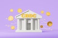 Bank with CBDC and different currency coins falling, digital exchange