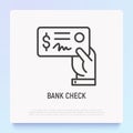 Bank check in hand thin line icon. Modern vector illustration Royalty Free Stock Photo