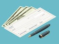 Bank Check with Modern Design. Flat illustration. Cheque book on colored background. Bank check with pen. Concept