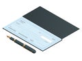 Bank Check with Modern Design. Flat isometric illustration. Cheque book on colored background. Bank check with pen