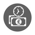 Bank clock, pound sterling, payment time icon.Gray color rounded vector