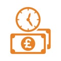 Bank clock, pound sterling, payment time icon. Orange vector