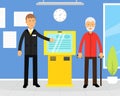 Bank Consultant Helping Senior Man Character Getting Cash with ATM Machine Vector Illustration Royalty Free Stock Photo
