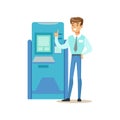 Bank Consultant Standing Next To ATM Cash Machine. Bank Service, Account Management And Financial Affairs Themed Vector