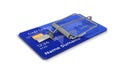 Bank credit card with mousetrap. Blue credit card, abusive credit, financial scam, revolving card, usury and microcredits.