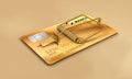 Bank credit card with mousetrap. Golden credit card, abusive credit, financial scam, revolving card, usury and microcredits.