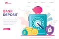 Bank deposit landing page template for web. Deposit safe, piggy bank and golden coins. Concept saving money Royalty Free Stock Photo