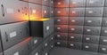 Bank deposit safe boxes, one open locker with golden light inside, angle view. Realistic interior room in vault with Royalty Free Stock Photo