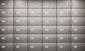 Bank deposit safe boxes wall, closed metal lockers in vault with lock and handles on steel doors for storage valuables