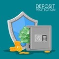 Bank deposit vector illustration flat style. Save your money concept. Dollar banknotes and coins in safe.