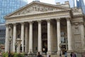Front view of the Bank of England showing detail of roof and columns