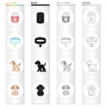 Bank with food, a collar with a medal, a puppy is sitting, it costs.Puppy set collection icons in cartoon black