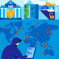 Bank hacking vector illustration, cartoon flat internet hacker attack on banking data online system, breach of cyber