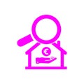 Bank, home house, hand , search , location , business bank location search magenta icon