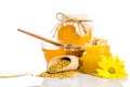 The bank of honey with honeycombs, glass bowl with honey
