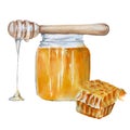 Bank with honey and a piece of honeycomb. Isolated on white background Royalty Free Stock Photo