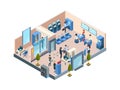 Bank interior isometric. Business financial offices with different banking workers managers and clients customers