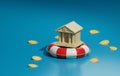 Bank on lifebuoy and coins sinking in blue sea financial protection in financial crisis