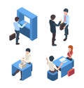 Bank managers. Business stuff client service people banking customers reception person vector isometric characters