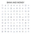 Bank and money outline icons collection. Bank, Money, Credit, ATM, Loan, Savings, Investing vector illustration set