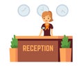 Bank office or hotel reception with receptionist smiling woman vector illustration