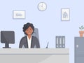 Bank office or insurance company: bank employee cute black woman sitting behind table. Elegant interior with wall clock and