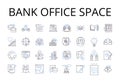 Bank office space line icons collection. Financial institution premises, Banking establishment area, Cash handling