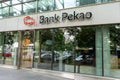 Bank Pekao logo. Building office facade. Logo of Bank Polska Kasa Opieki Spolka Akcyjna. Entrance to a branch office