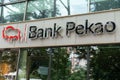 Bank Pekao logo. Building office facade. Logo of Bank Polska Kasa Opieki Spolka Akcyjna. Entrance to a branch office